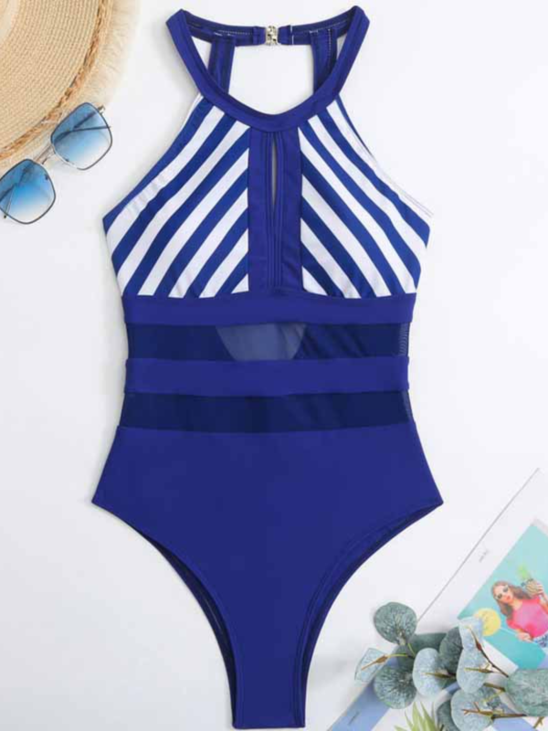 GracefulGlowMeshDetailBacklessStripedOne-PieceSwimsuit4