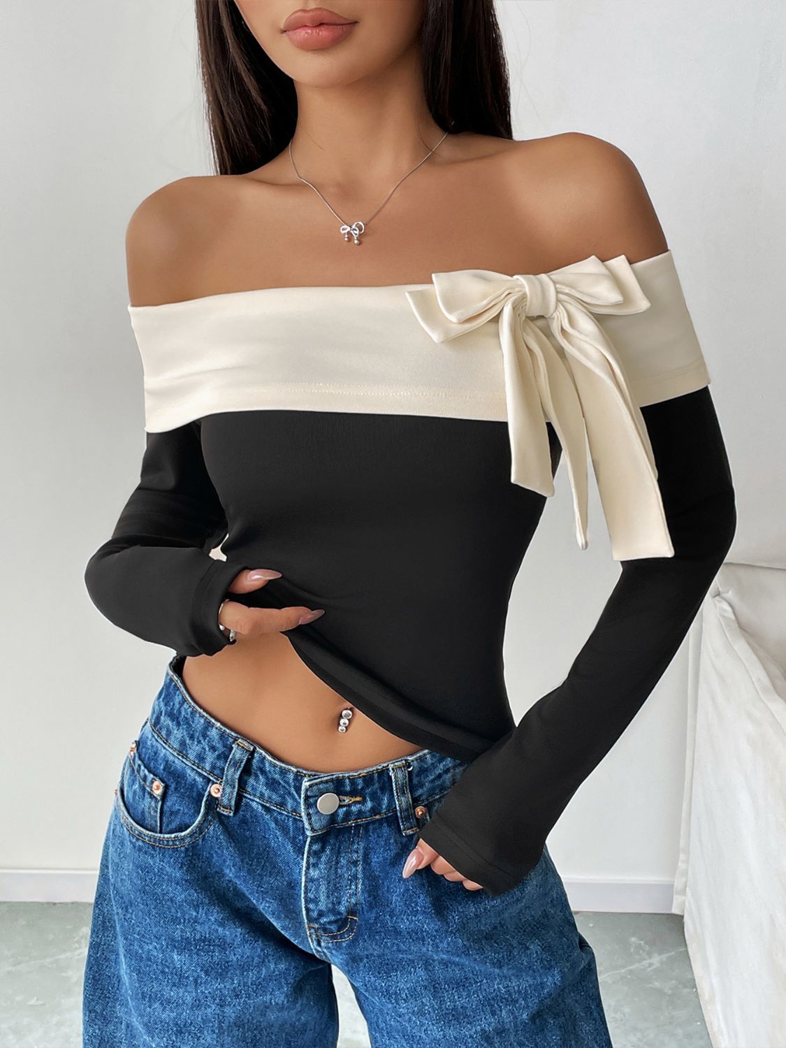 PerfeePerfeeBowContrastOff-ShoulderLongSleeveTop0