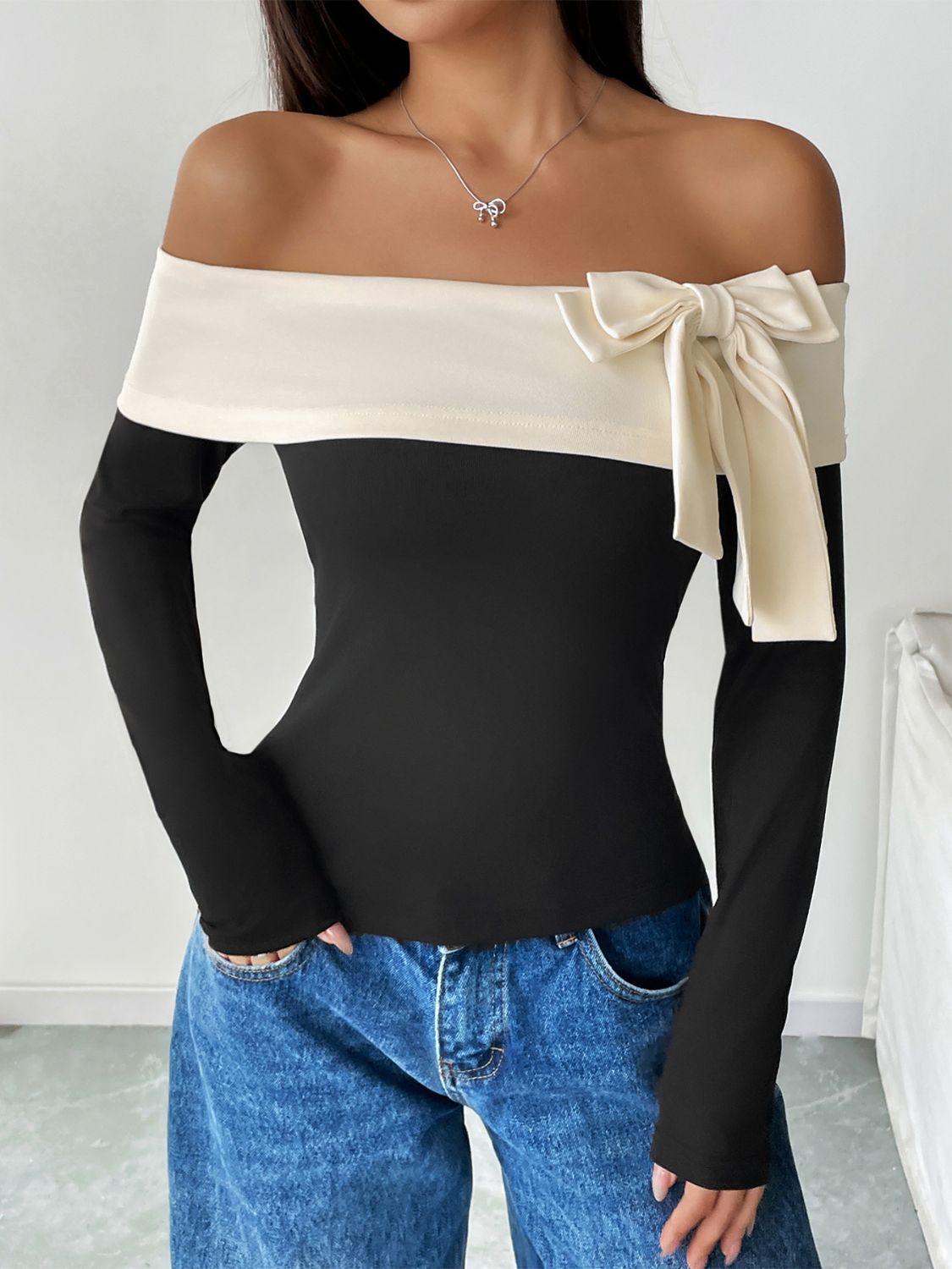 PerfeePerfeeBowContrastOff-ShoulderLongSleeveTop1