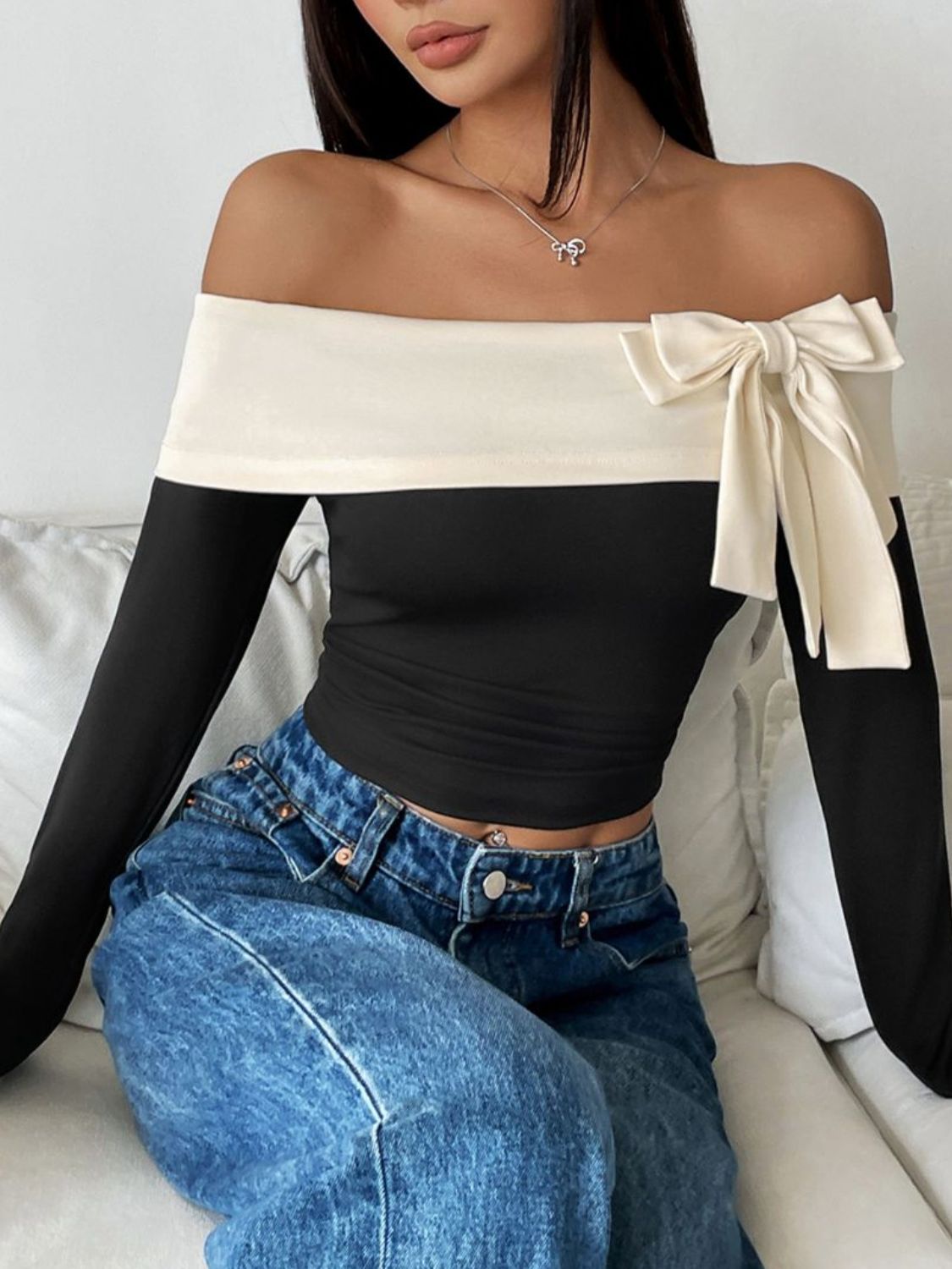 PerfeePerfeeBowContrastOff-ShoulderLongSleeveTop5