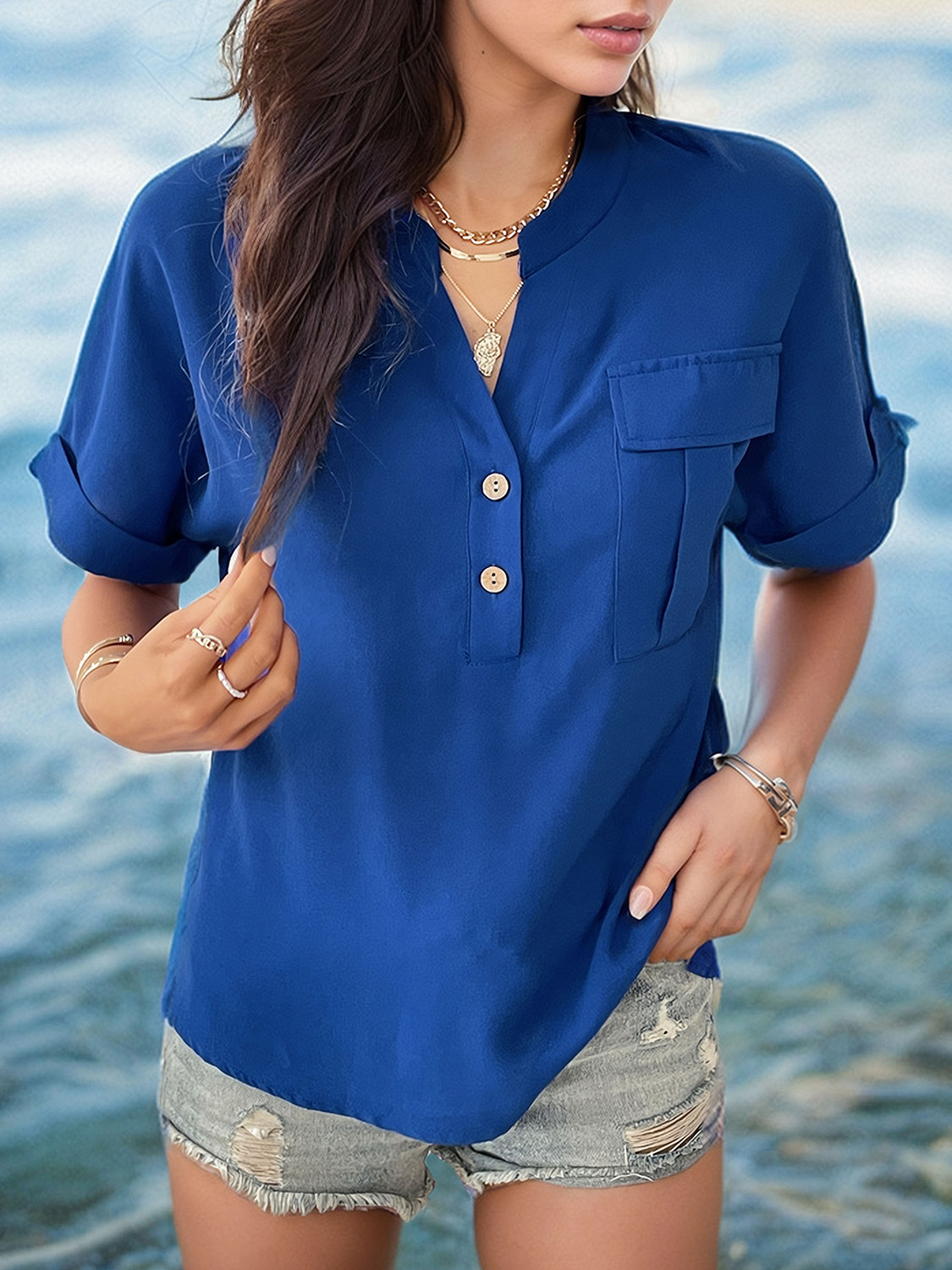 PerfeePerfeeButtonedNotchedShortSleeveBlouse3
