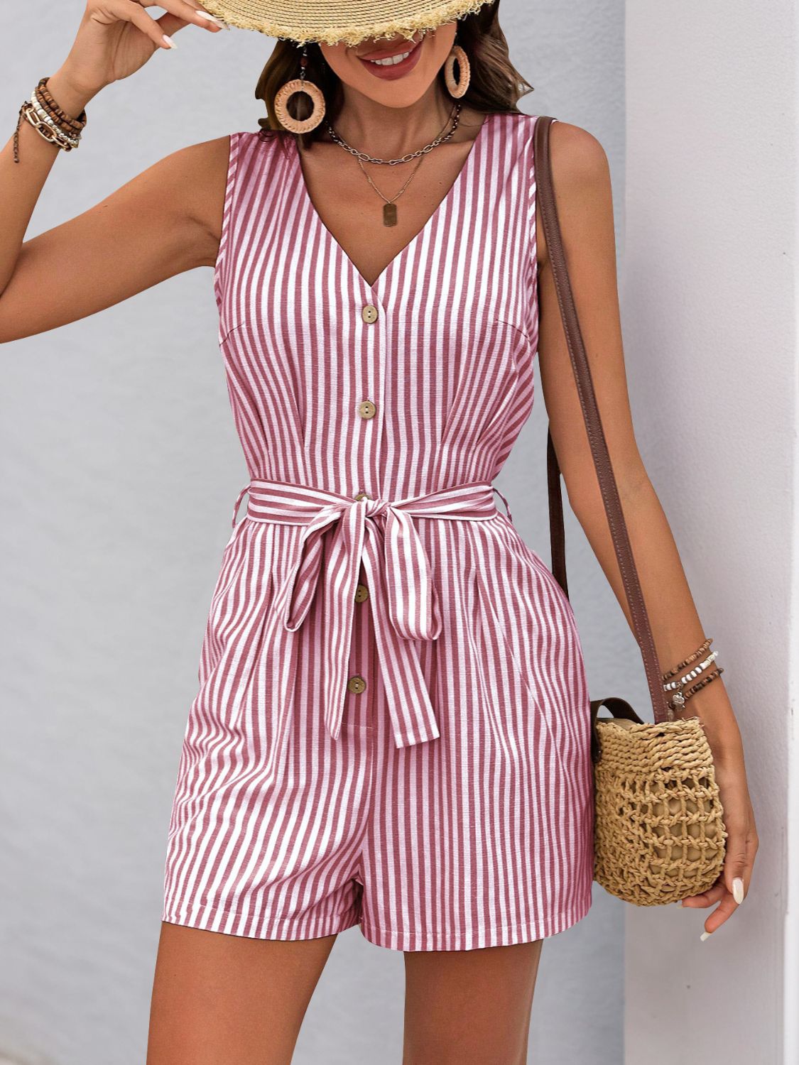 PerfeePerfeeStripedV-NeckTieWaistRomper8