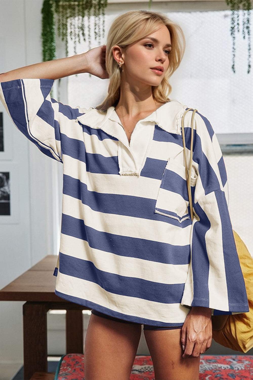 OhOhStripedJohnnyCollarLongSleeveT-Shirt0