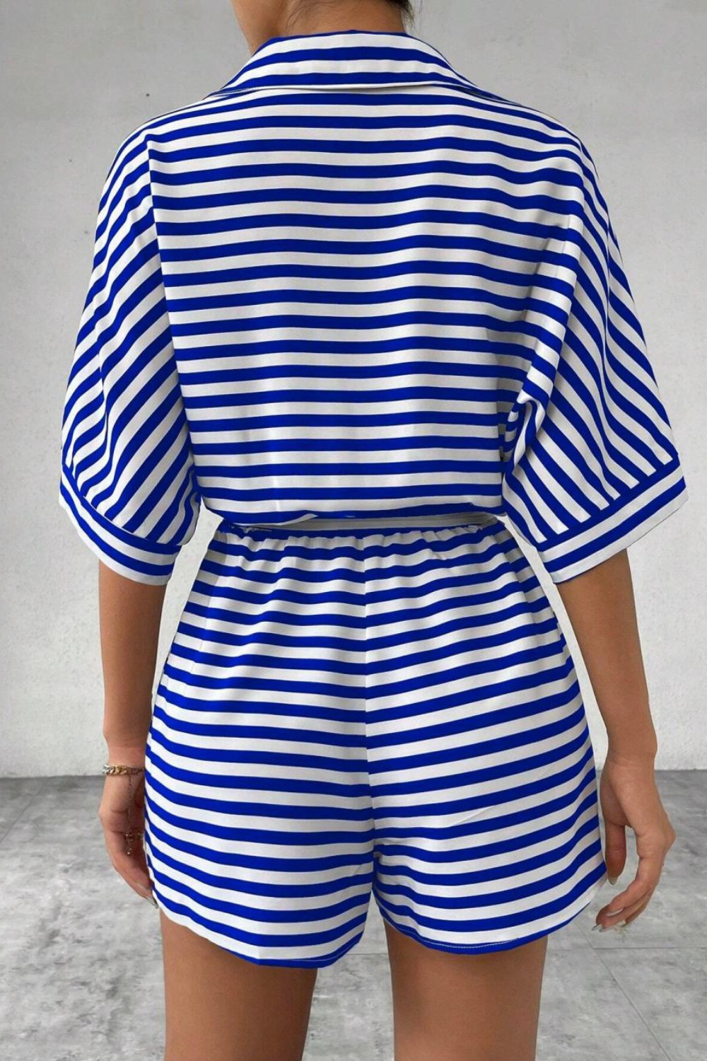 OlénaStripedCollaredNeckTieWaistRomper1