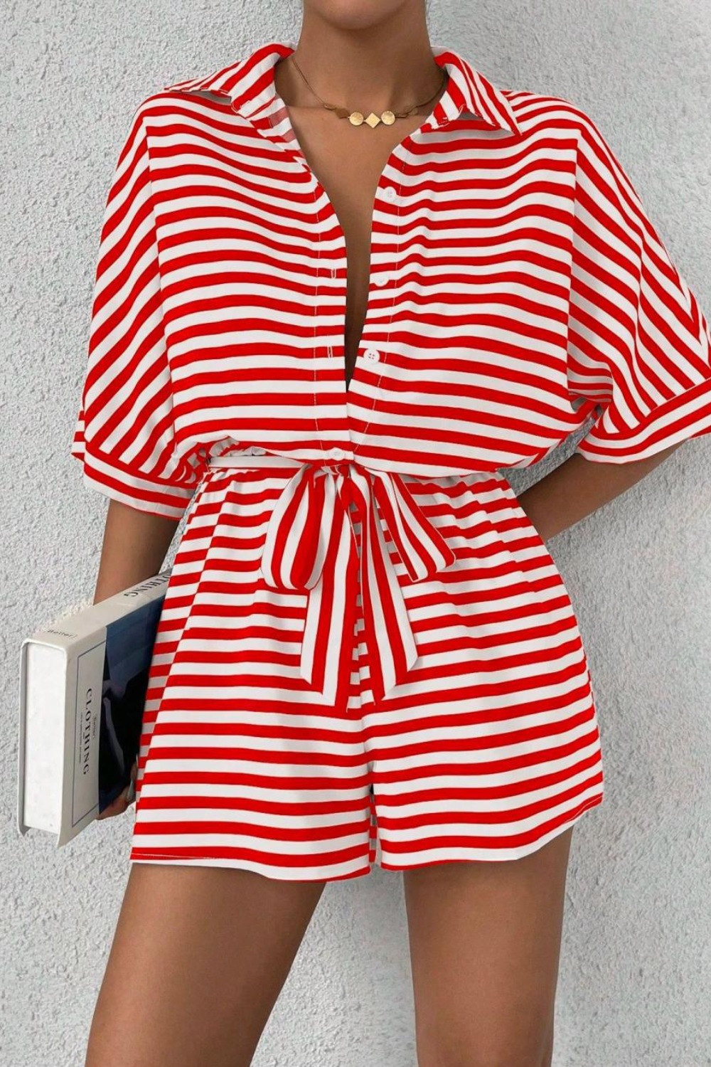 OlénaStripedCollaredNeckTieWaistRomper12