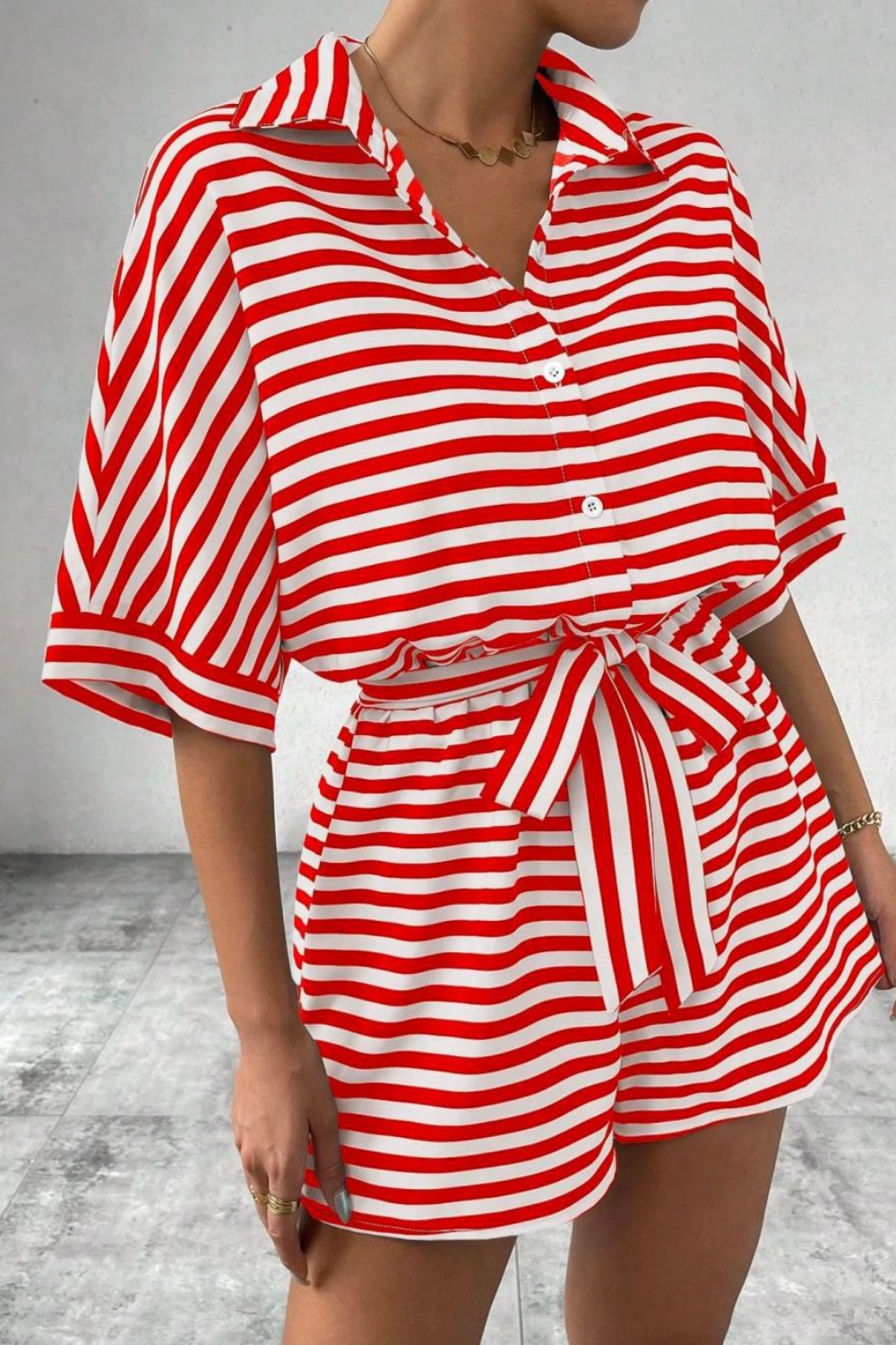 OlénaStripedCollaredNeckTieWaistRomper14