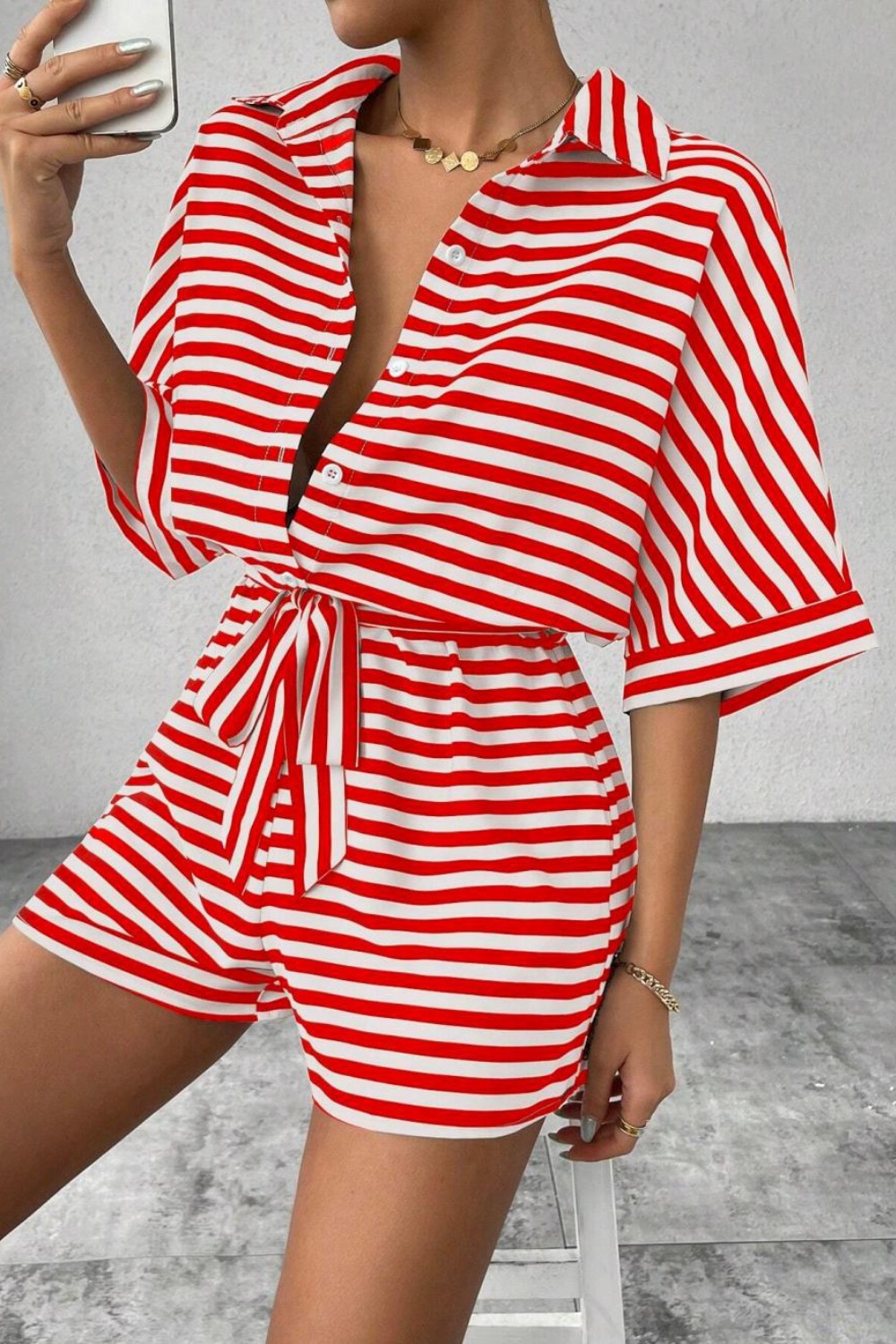 OlénaStripedCollaredNeckTieWaistRomper15