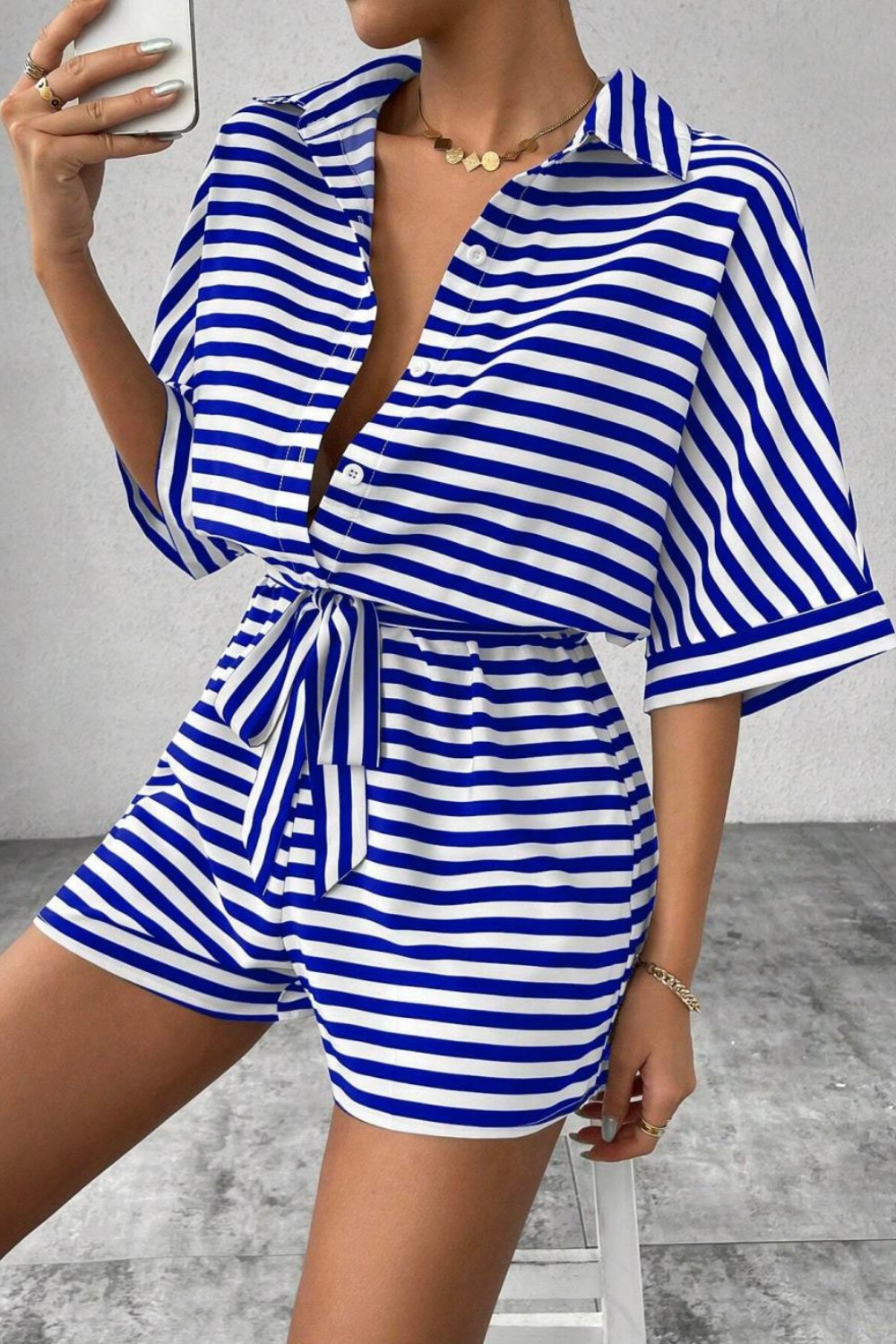 OlénaStripedCollaredNeckTieWaistRomper2