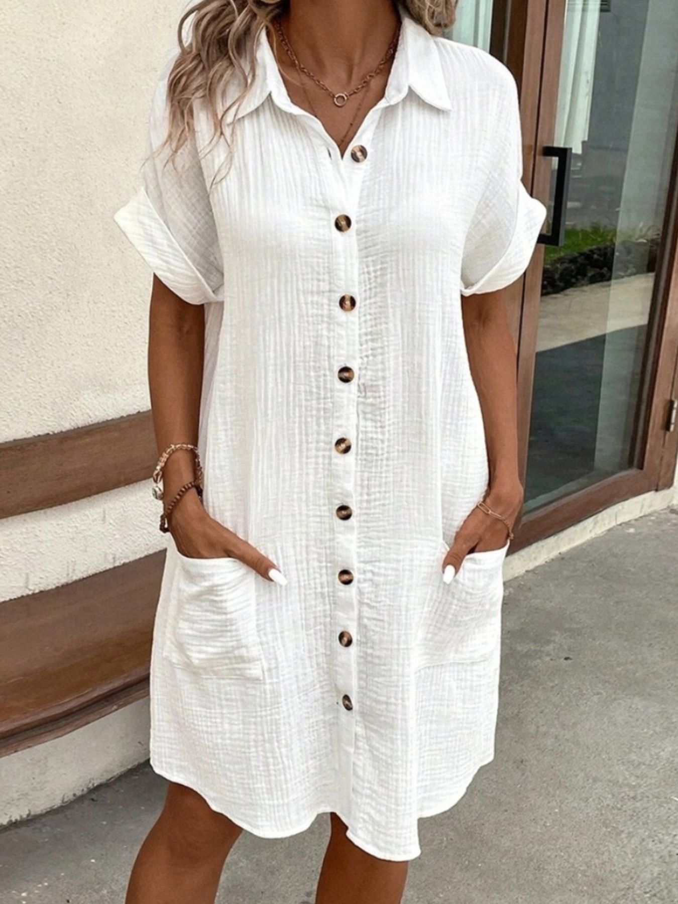 PassionFlowerCasualButtonDownCottonShirtDresswithPockets0