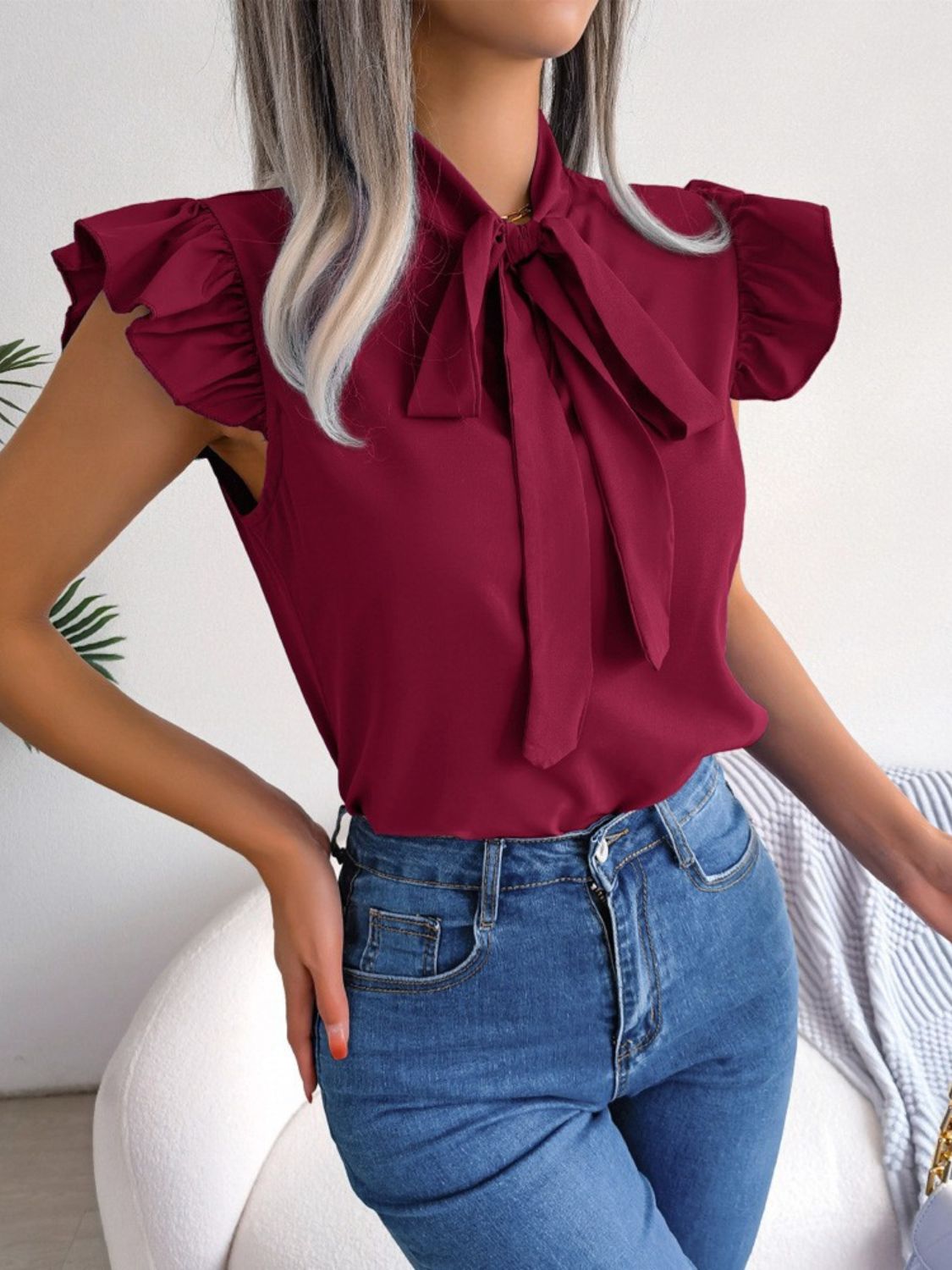 PassionFlowerRuffleCapSleeveBowTieBlouse15