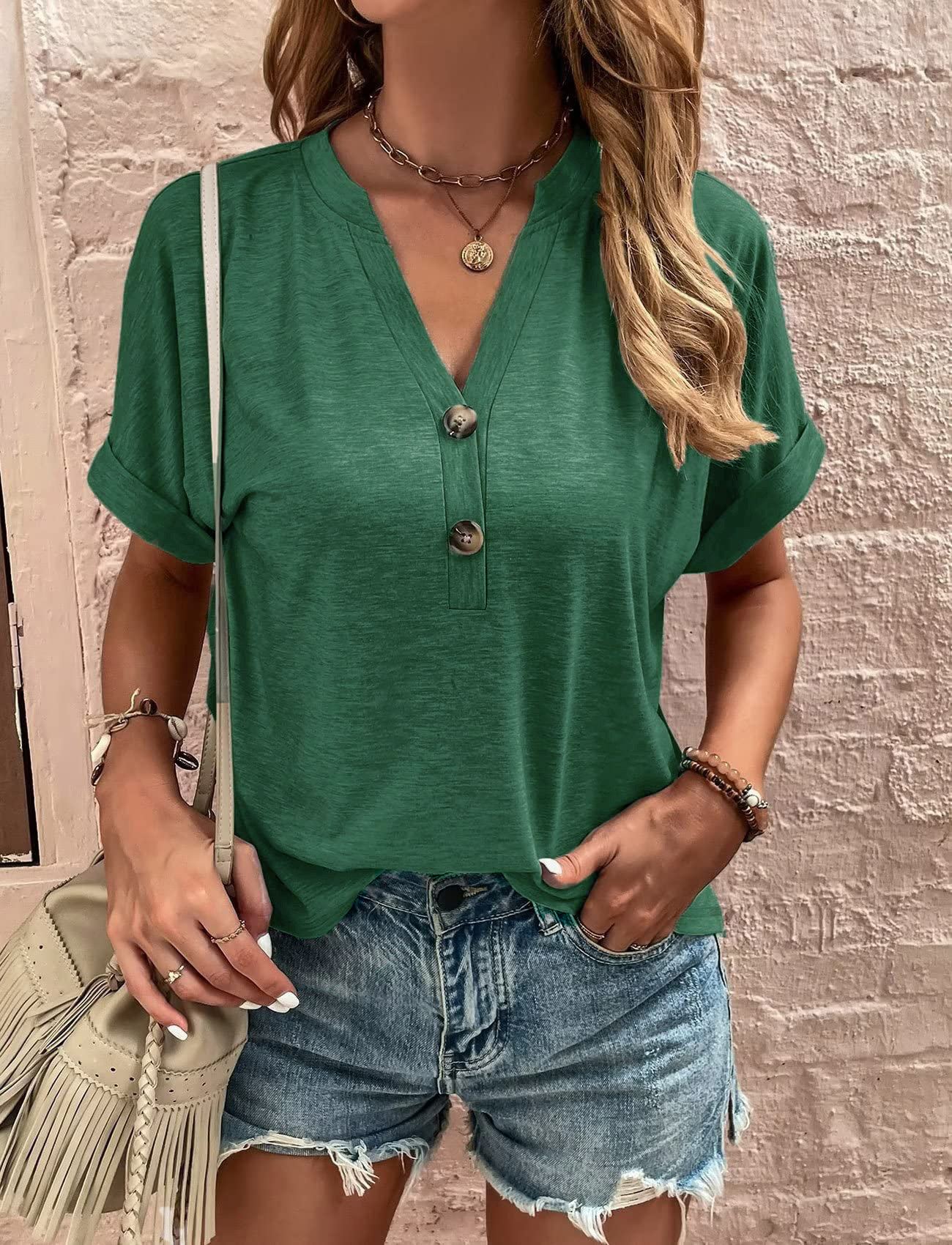 SleekChicFullSizeCasualNotchedShortSleeveBlousePlusSize10