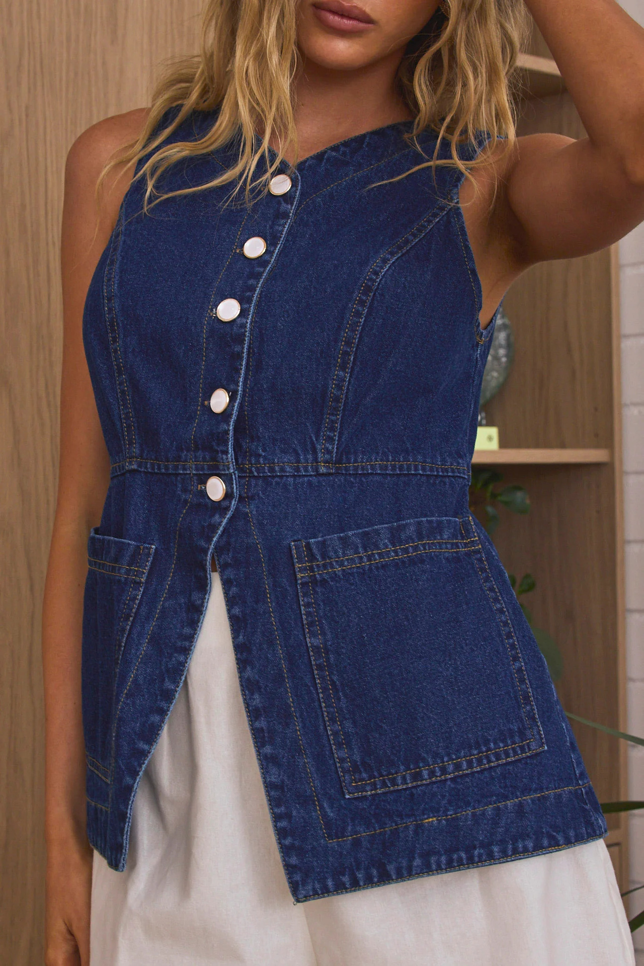 VelvetOceanSleevelessButton-FrontDenimVestTop5